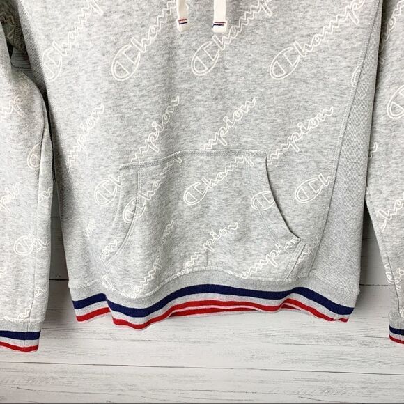Champion logo hoodie light grey red navy stripe cuffs hem pullover ribbed XS - Picture 4 of 10